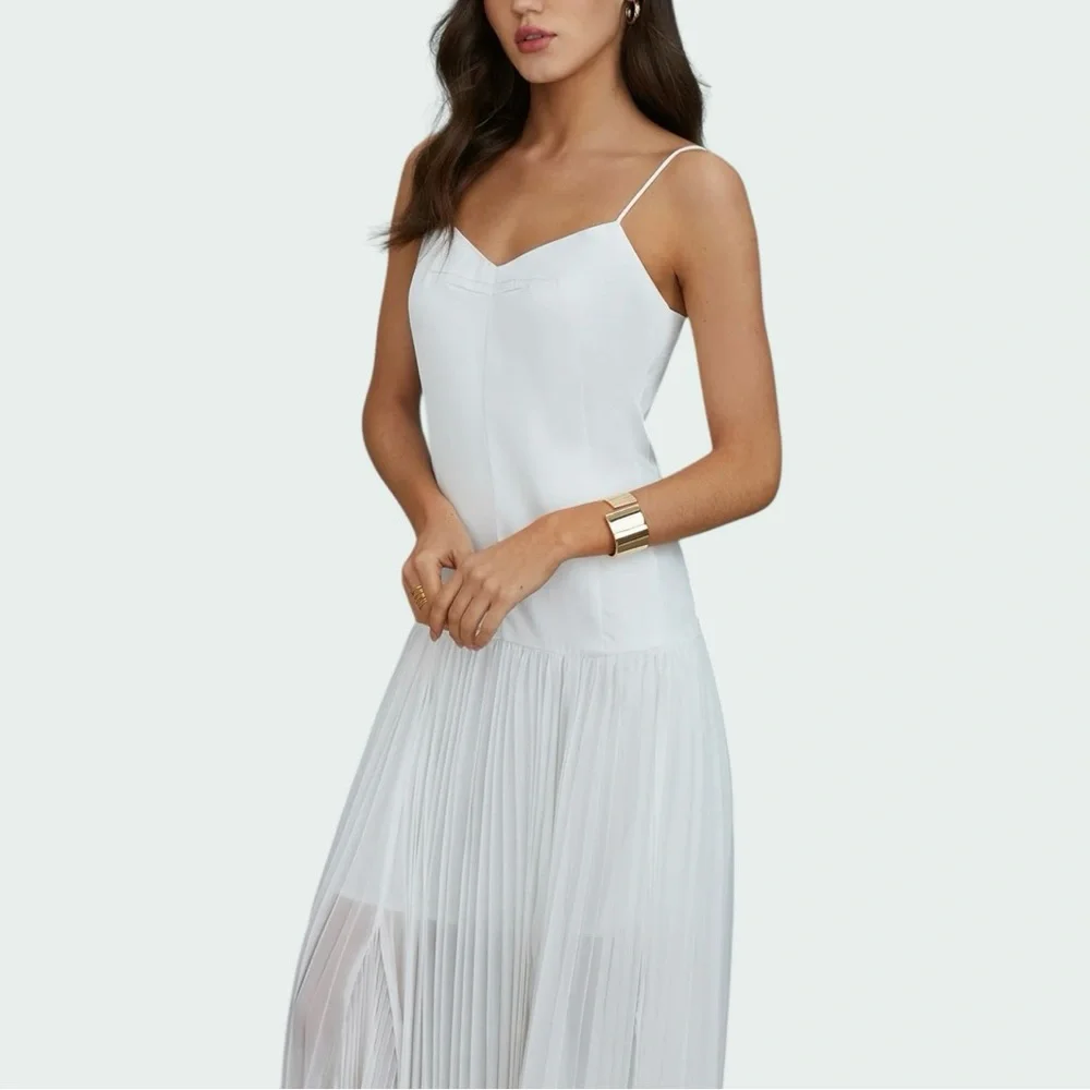 Commense White Pleated Chiffon Maxi Dress Satin Bodice Semi Sheer Small NWT - Picture 2 of 10
